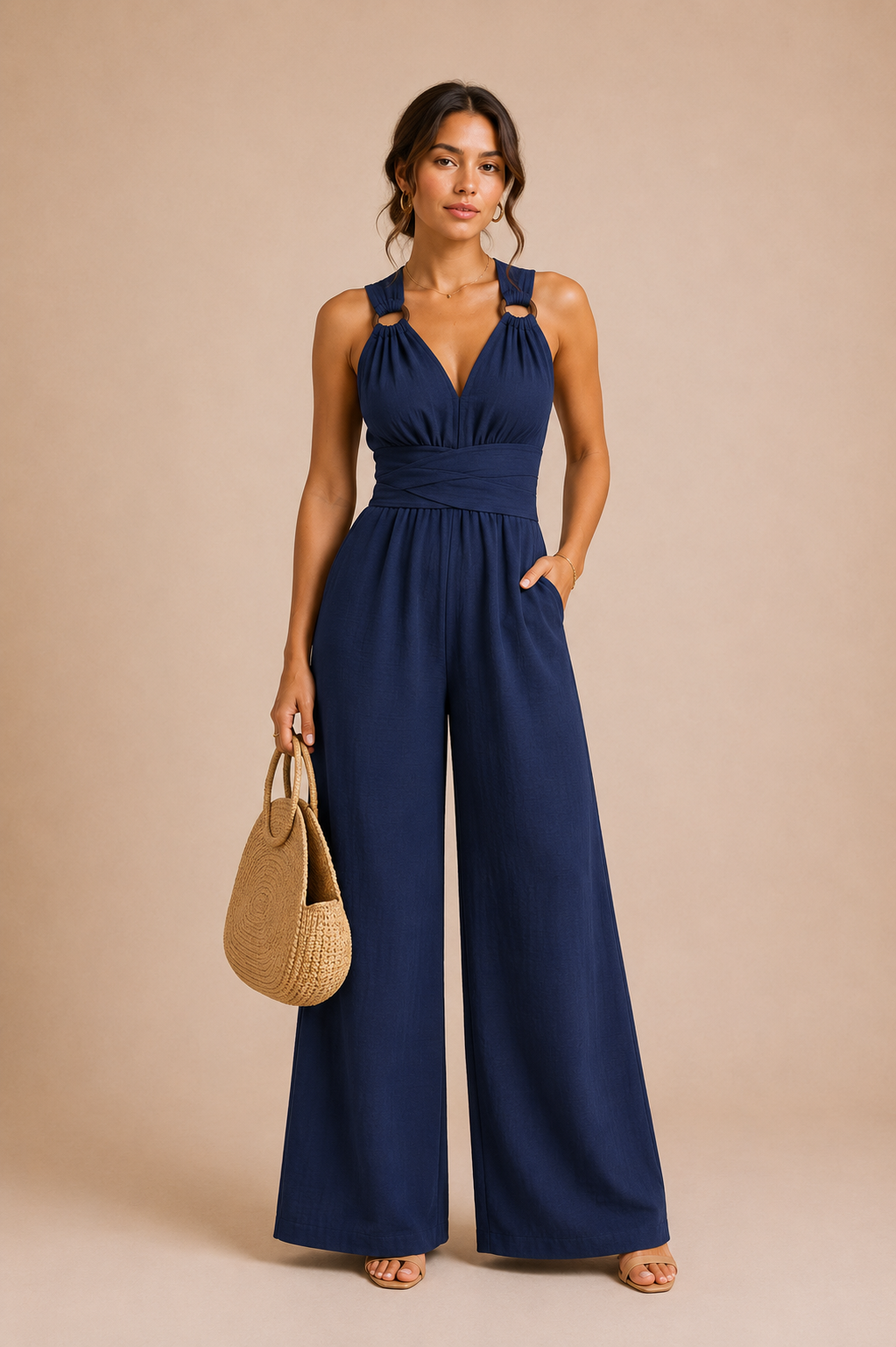 Women's Wide Leg Jumpsuit V Neck Crisscross Waist Tie Backless Split