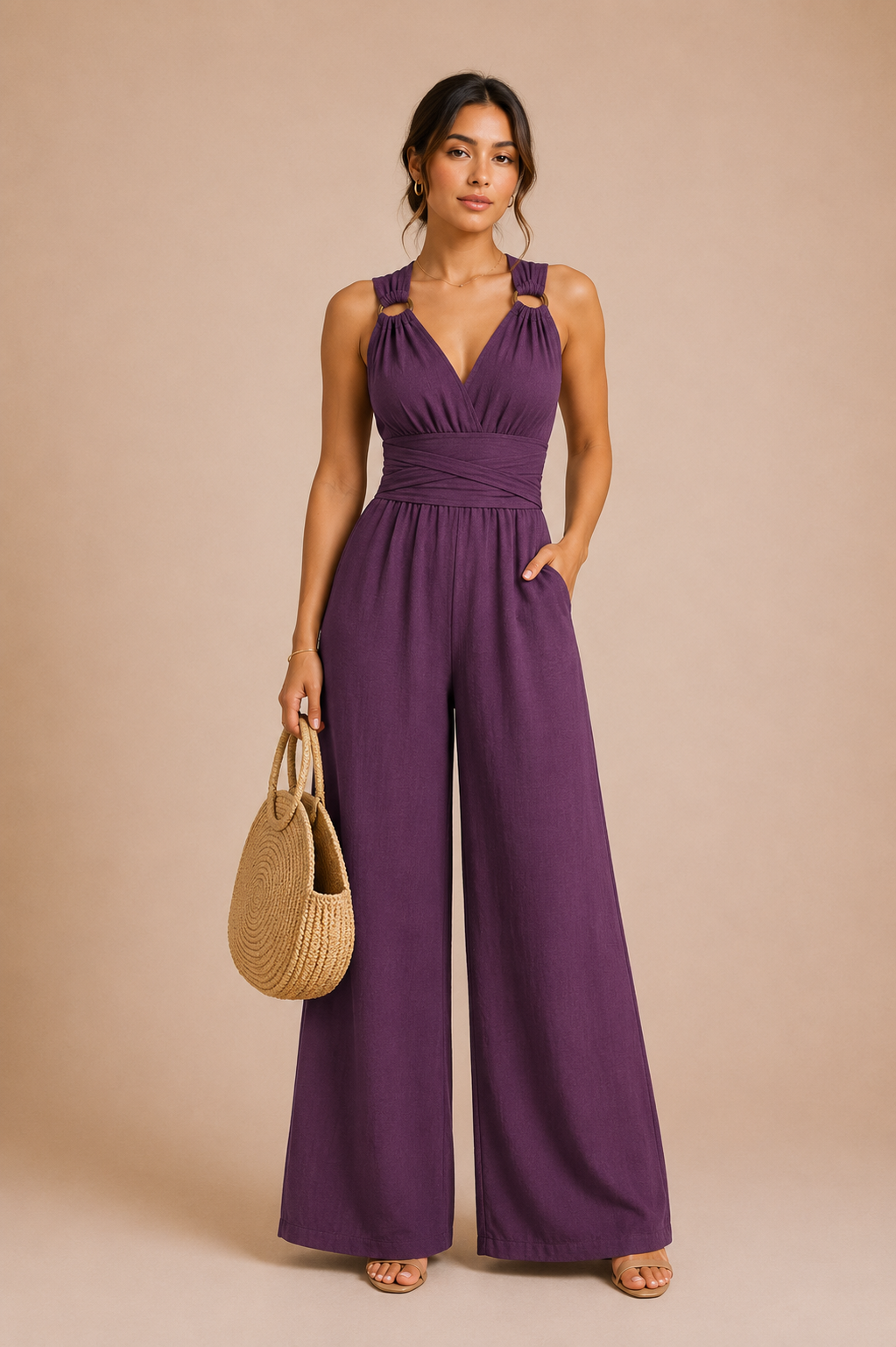 Women's Wide Leg Jumpsuit V Neck Crisscross Waist Tie Backless Split