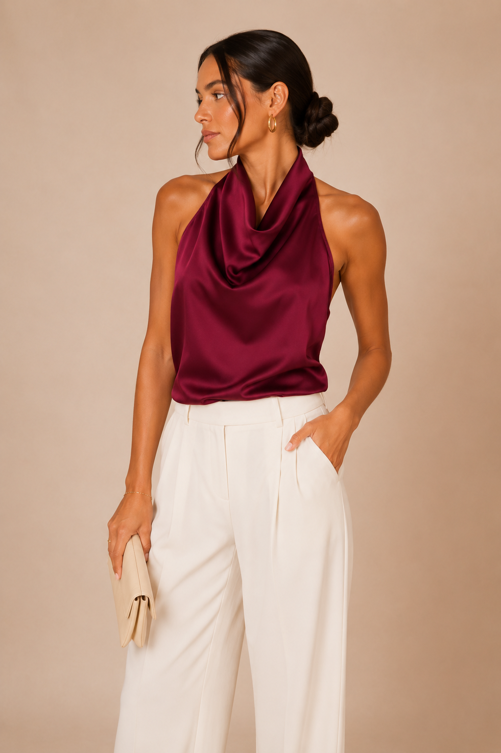 Women's Satin Halter Top, Halter Neck Backless Figure Enhancing Top
