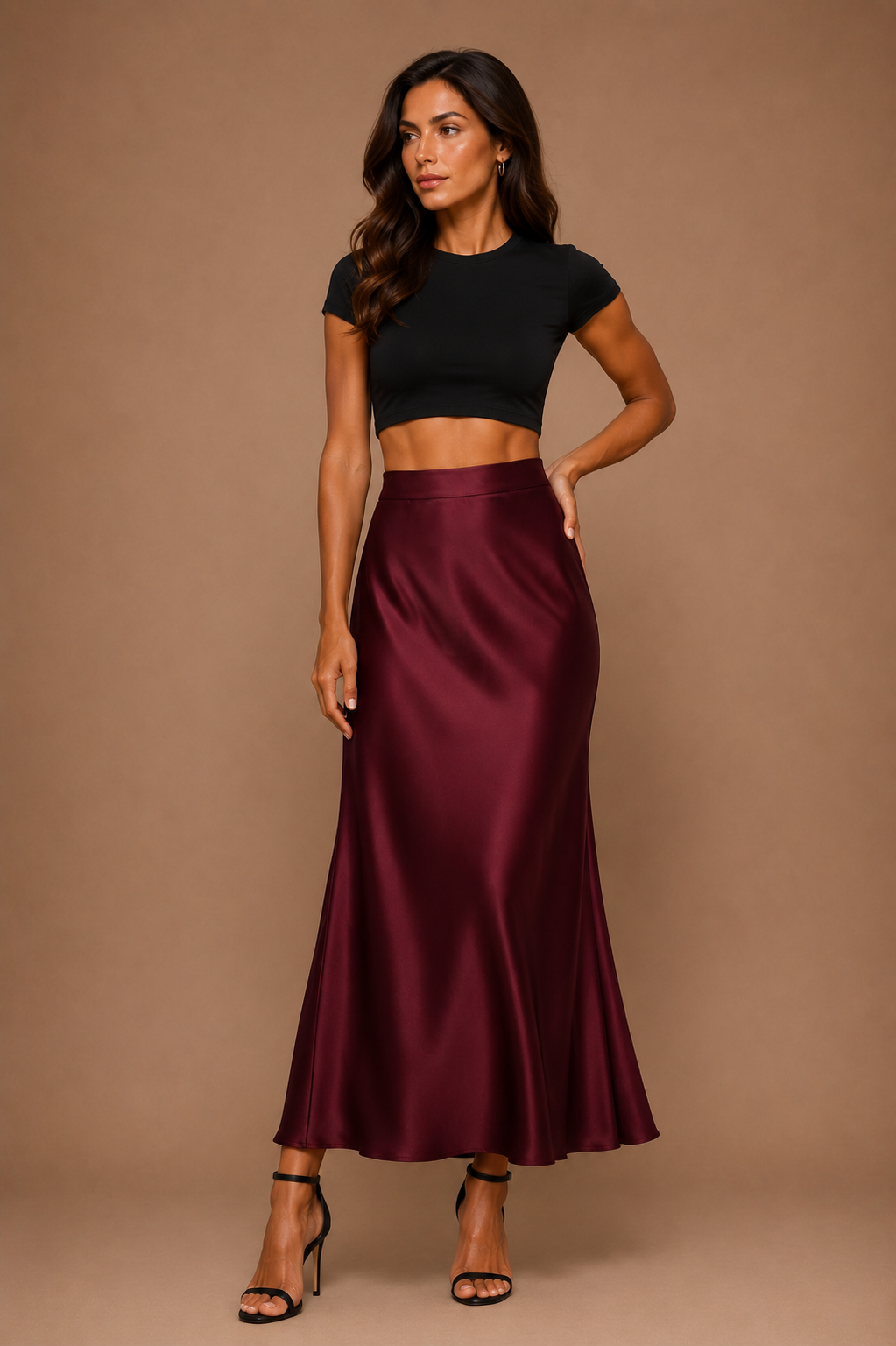 Women's Satin Midi Skirt Bias Cut Elegant Slip Skirt