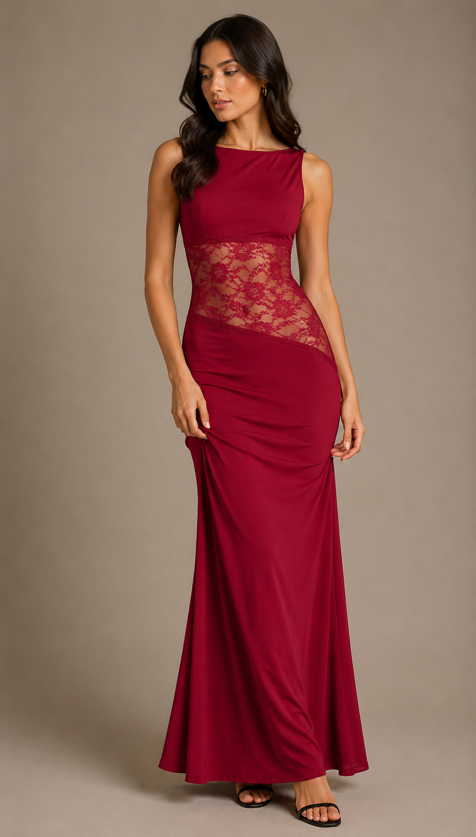 Women's Elegant Open Back Dress with Asymmetrical Lace Detail