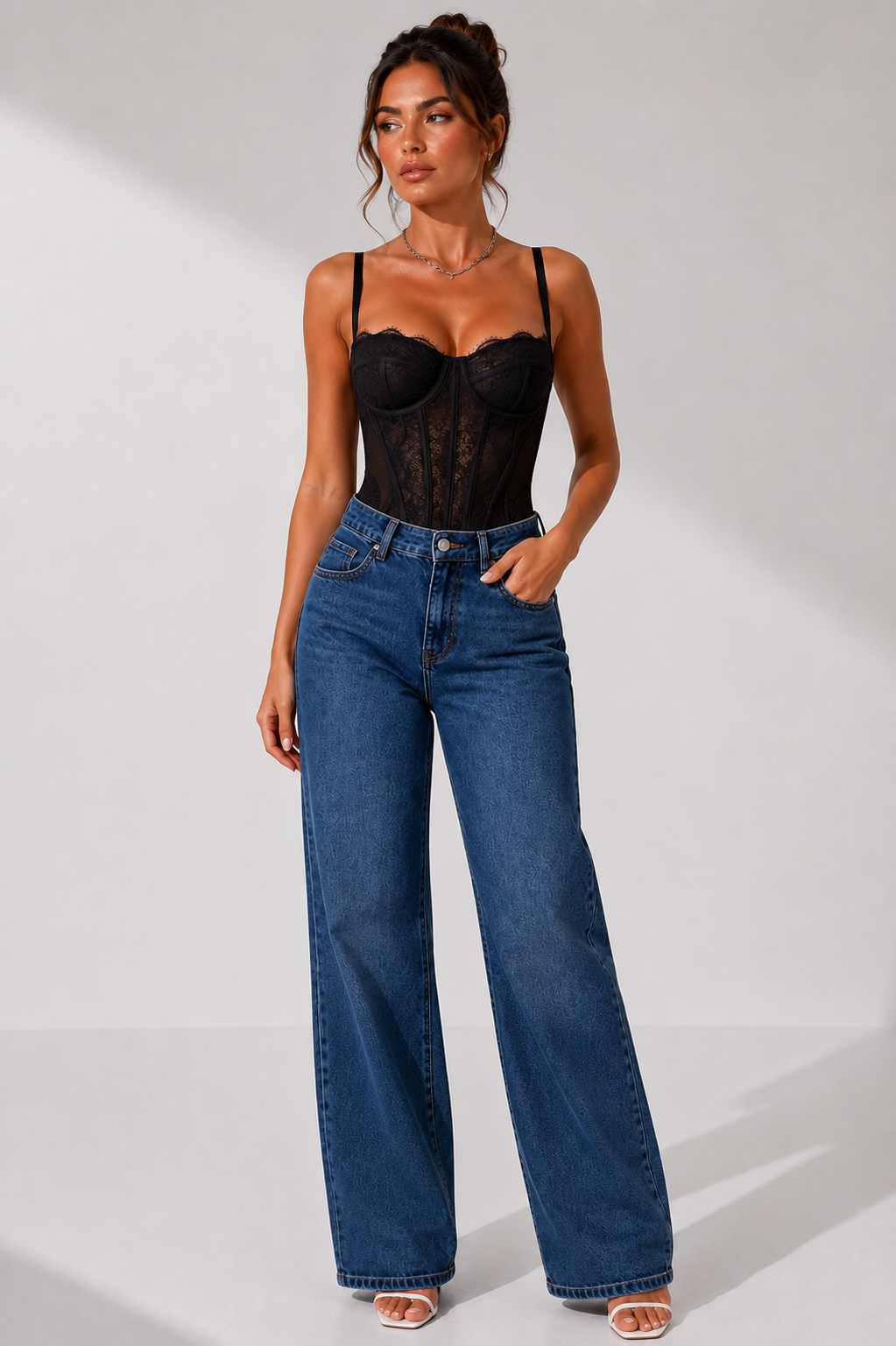 Women's Lace Corset Top Black White Bustier Boned Spaghetti Strap