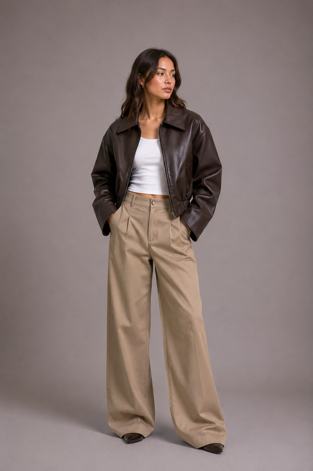 Women's Black Faux Leather Oversized Cropped Bomber Jacket