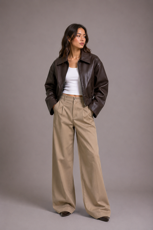 Women's Black Faux Leather Oversized Cropped Bomber Jacket