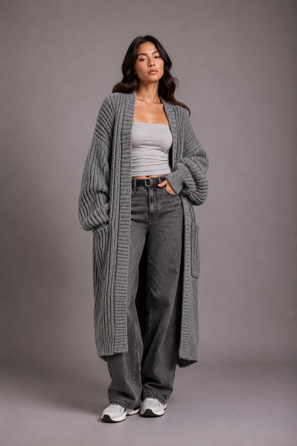 Women's Black Oversized Chunky Knit Longline Cardigan