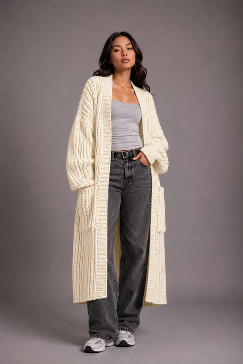 Women's Black Oversized Chunky Knit Longline Cardigan