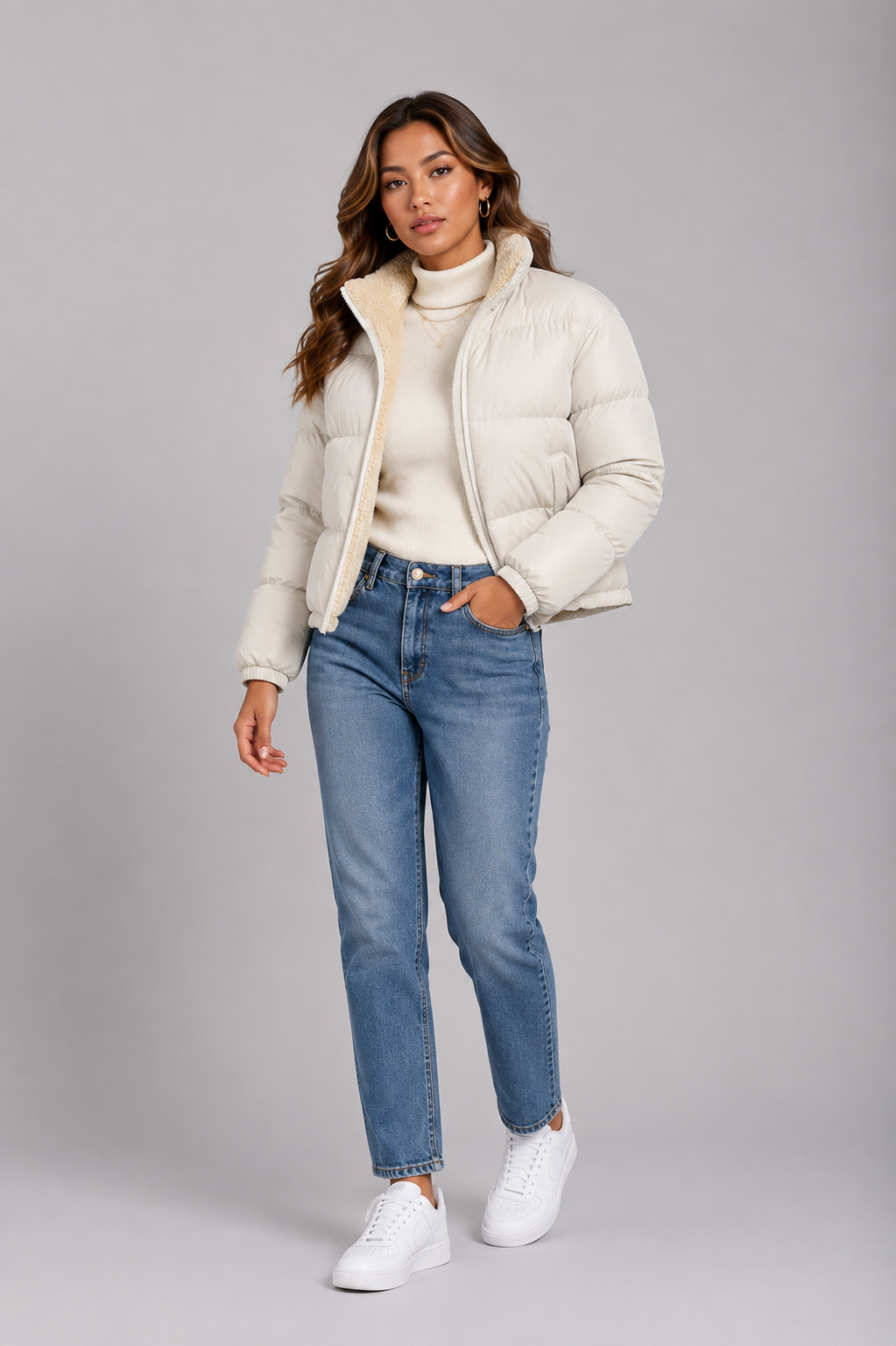 Women's Cropped Puffer Jacket – Quilted Padded Jacket with Fleece Lining
