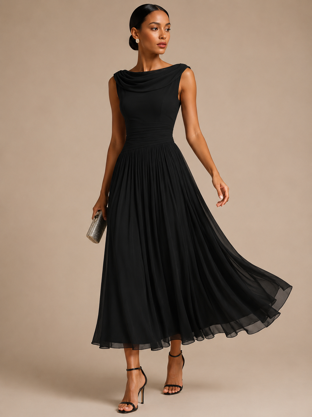 Women's Draped Neck Sleeveless Midi Dress