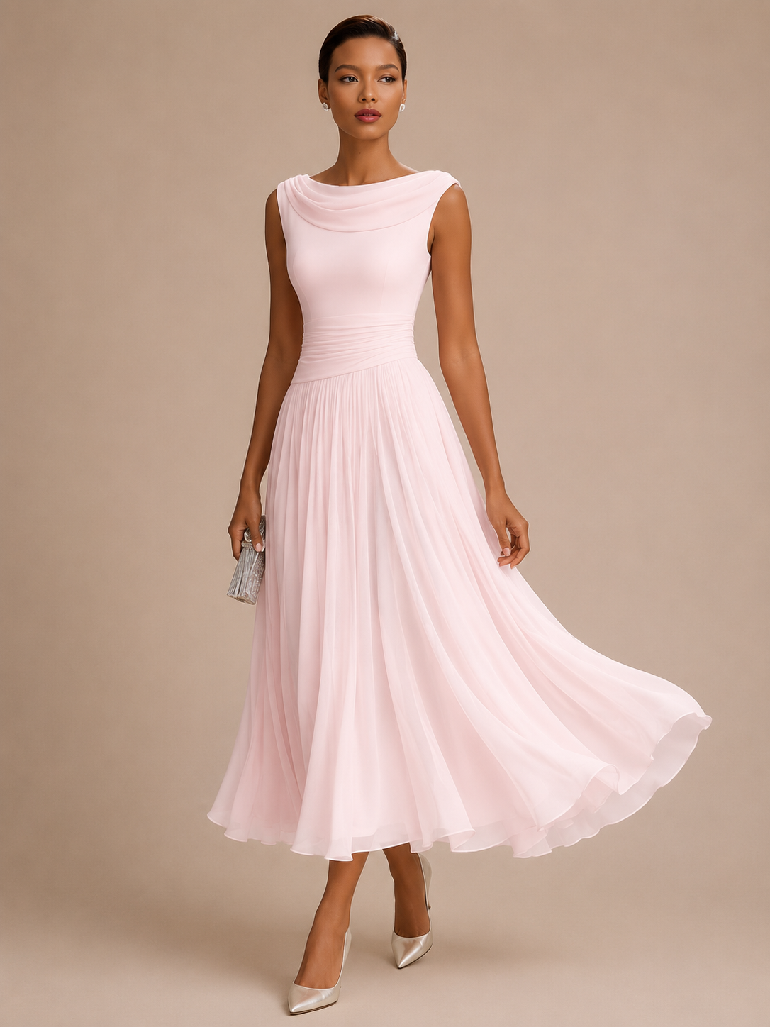 Women's Draped Neck Sleeveless Midi Dress