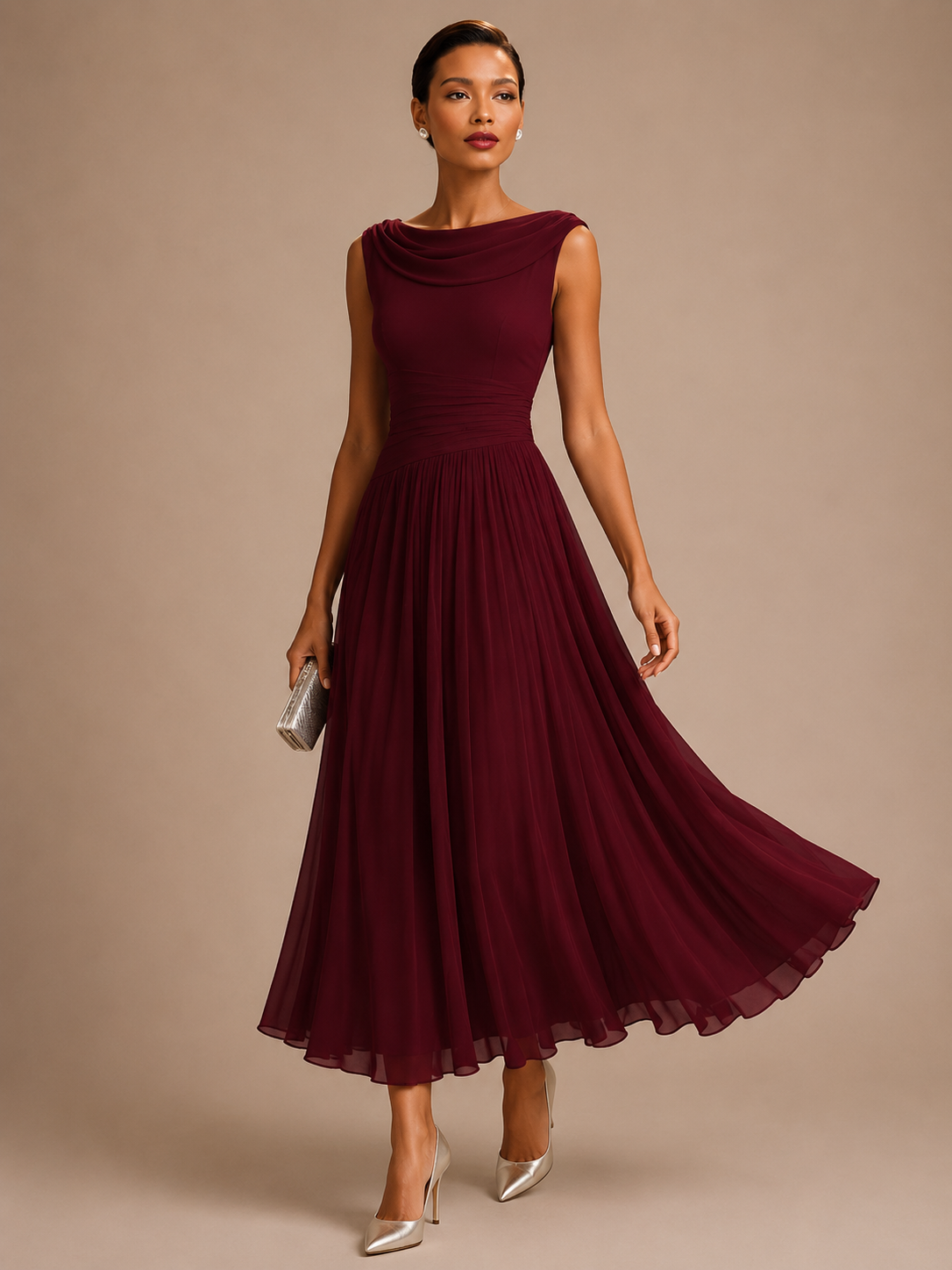 Women's Draped Neck Sleeveless Midi Dress