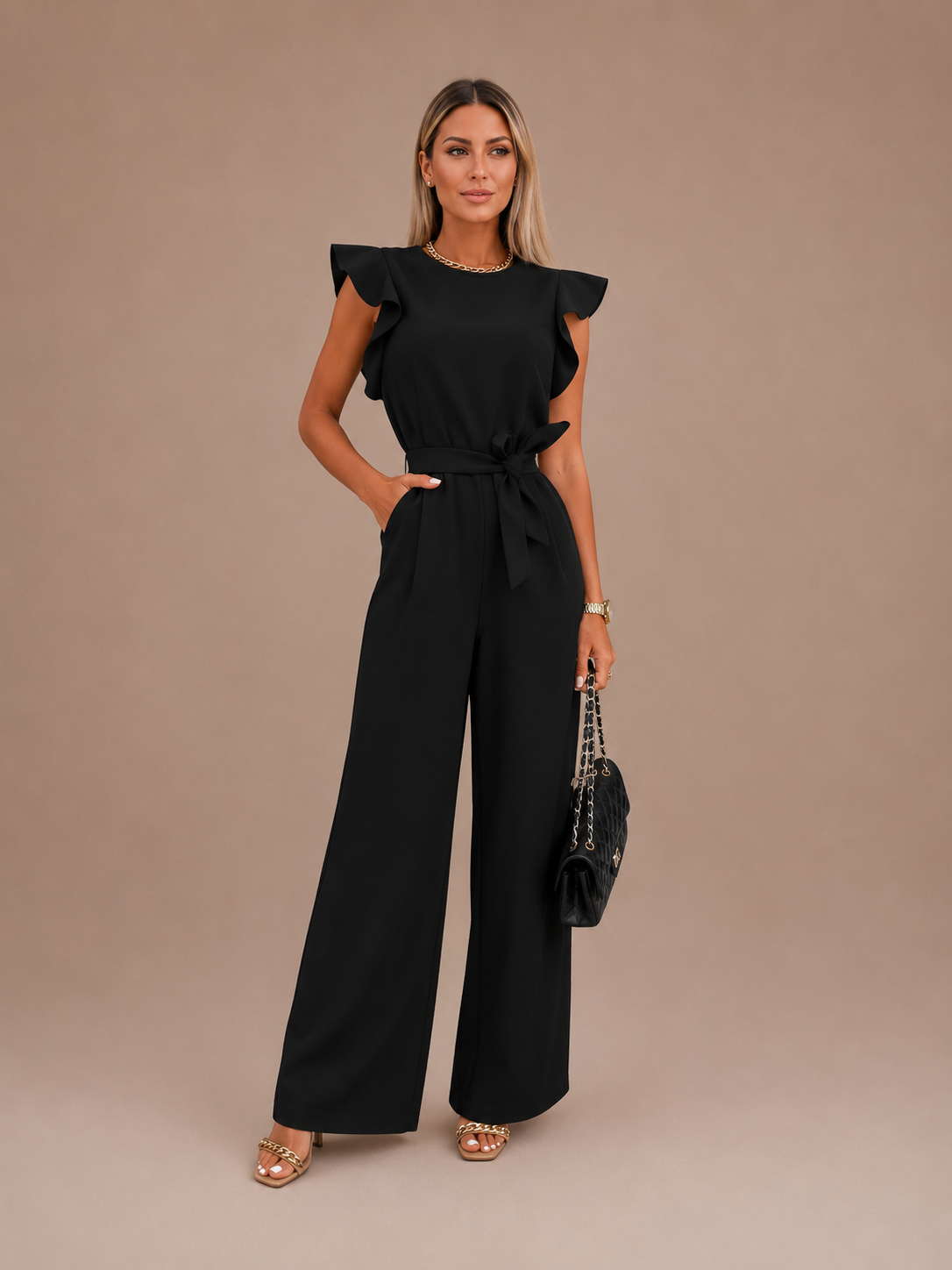 Women's Belted Wide Leg Jumpsuit with Flattering Silhouette