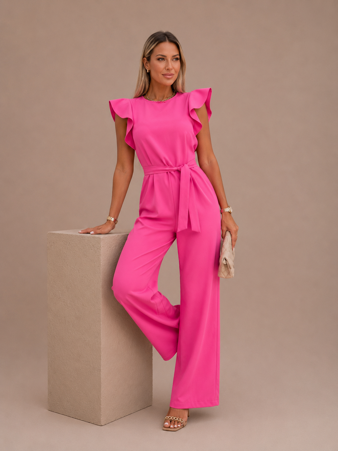 Women's Belted Wide Leg Jumpsuit with Flattering Silhouette