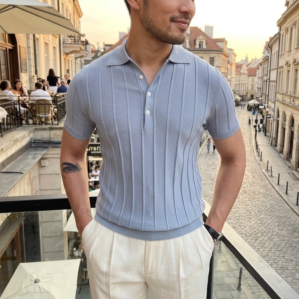 Men's Slim Fit Ribbed Cotton Polo Shirt Casual Outfit