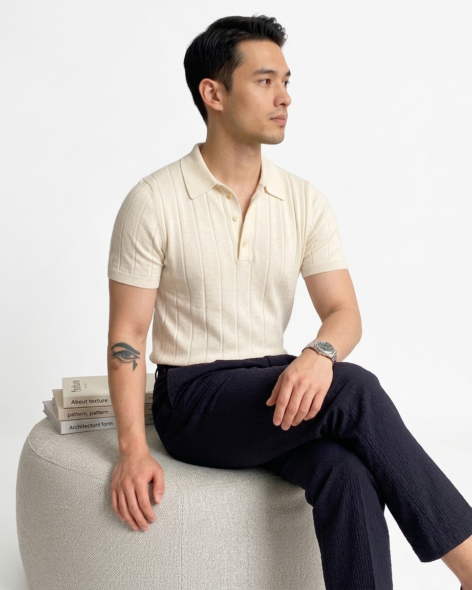 Men's Slim Fit Ribbed Cotton Polo Shirt Casual Outfit
