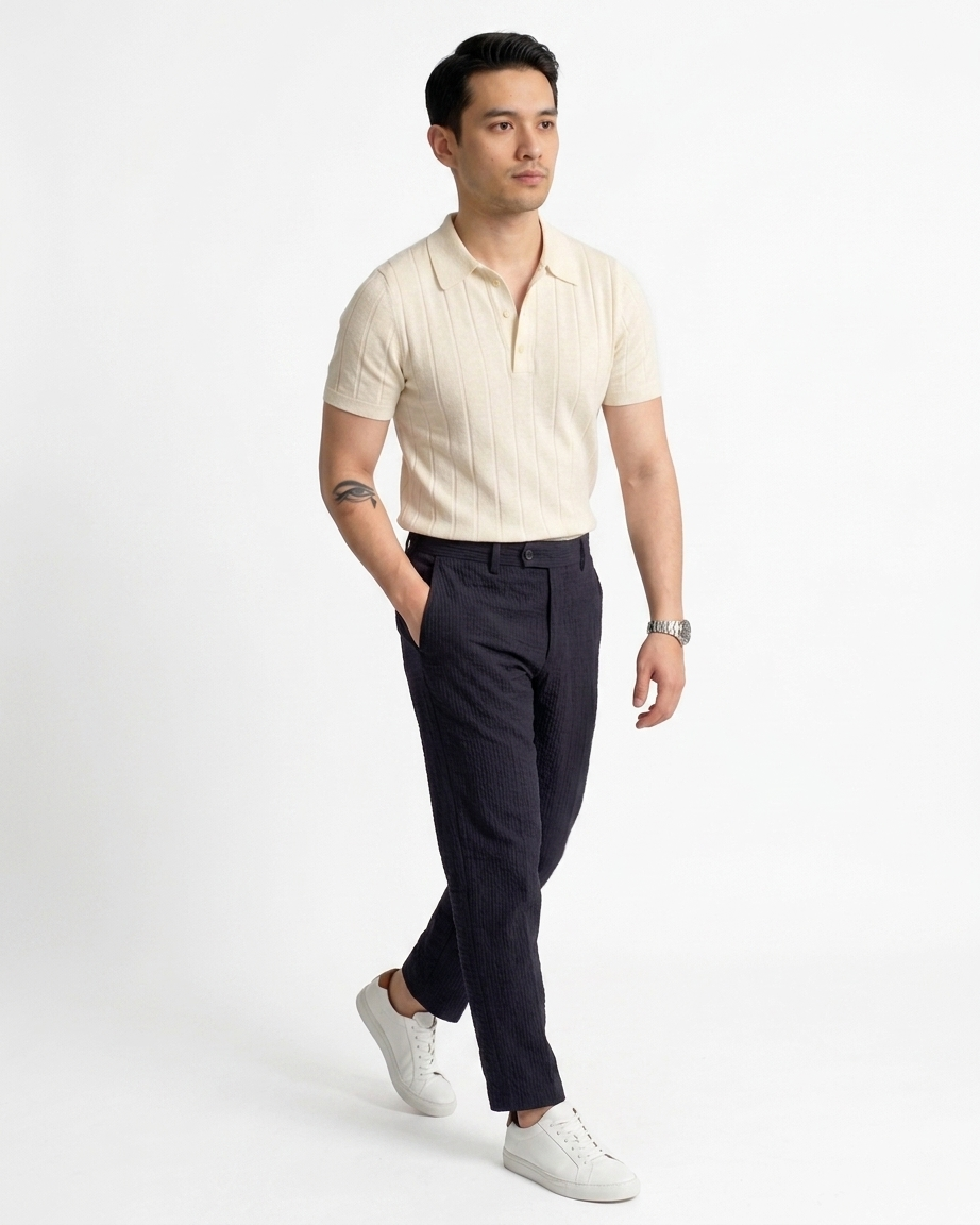 Men's Slim Fit Ribbed Cotton Polo Shirt Casual Outfit