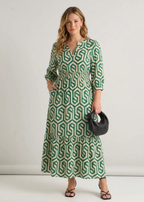 Women's Green Long Sleeve Maxi Dress Smocked Waist Flowing Fit