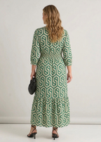 Women's Green Long Sleeve Maxi Dress Smocked Waist Flowing Fit