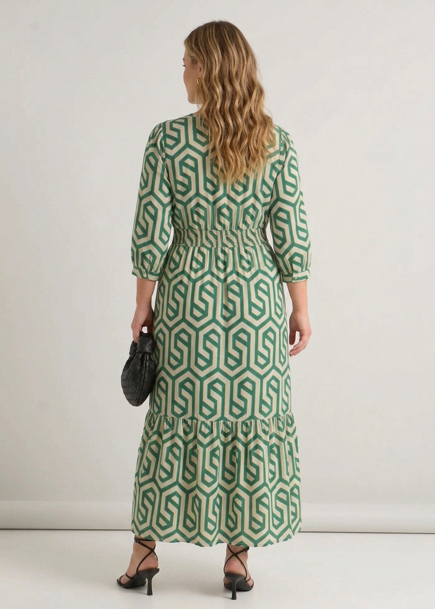 Women's Green Long Sleeve Maxi Dress Smocked Waist Flowing Fit