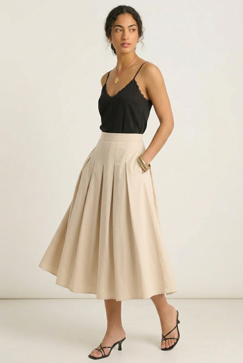 Women's Lightweight Cotton Pleated Midi Skirt Summer Wear