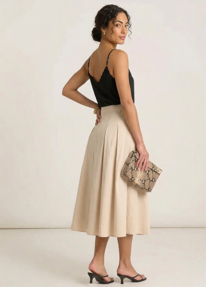 Women's Lightweight Cotton Pleated Midi Skirt Summer Wear