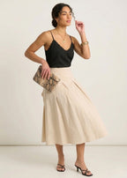 Women's Lightweight Cotton Pleated Midi Skirt Summer Wear