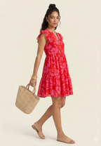 Women's Pink Floral Puff Sleeve Dress Lightweight Summer Wear