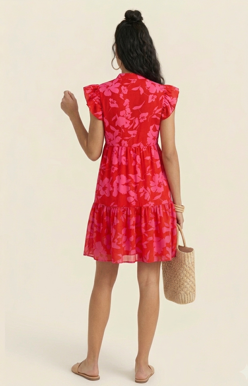 Women's Pink Floral Puff Sleeve Dress Lightweight Summer Wear