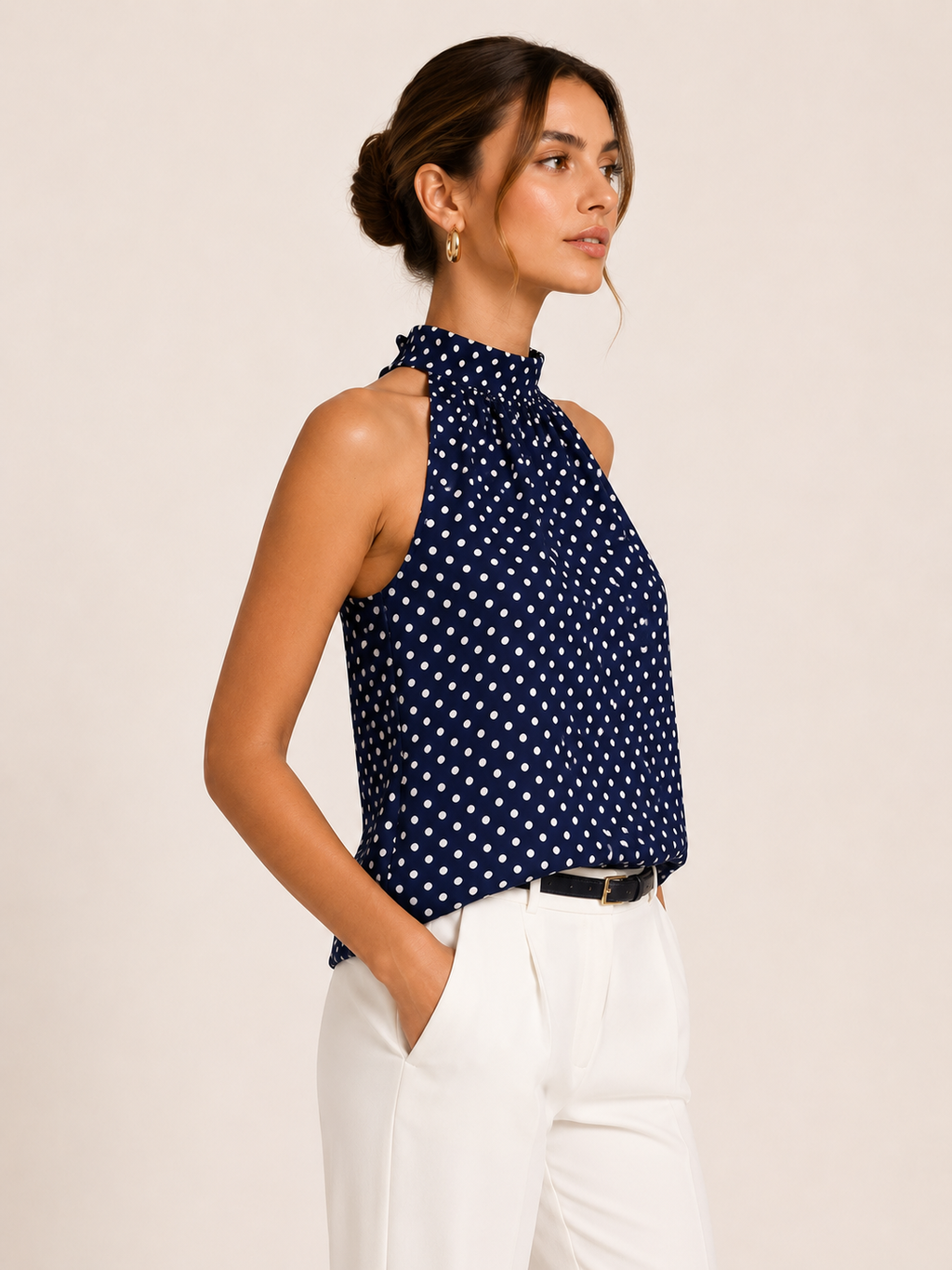 Women's Polka Dot Blouse Elegant Bow Tie Casual Top