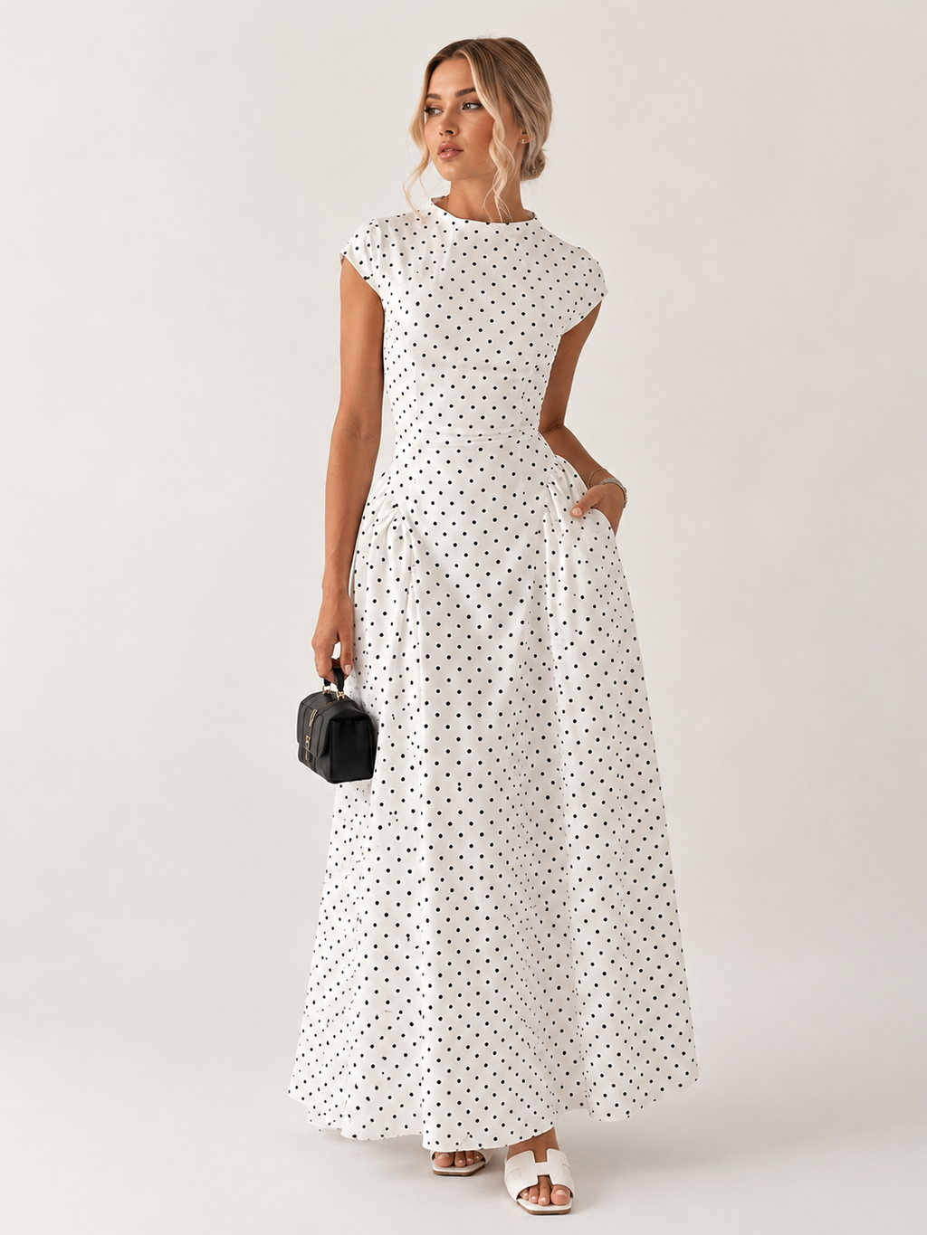 Women's Sleeveless High Waist Polka Dot Dress Slim Fit Maxi