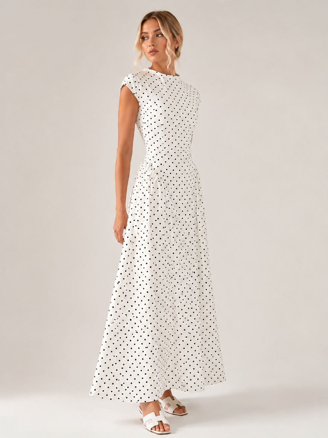 Women's Sleeveless High Waist Polka Dot Dress Slim Fit Maxi