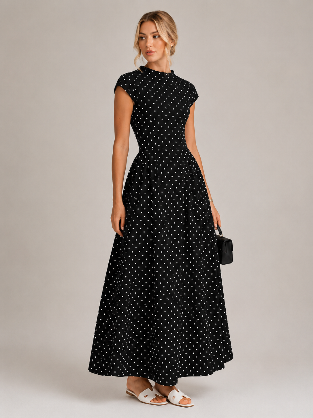 Women's Sleeveless High Waist Polka Dot Dress Slim Fit Maxi