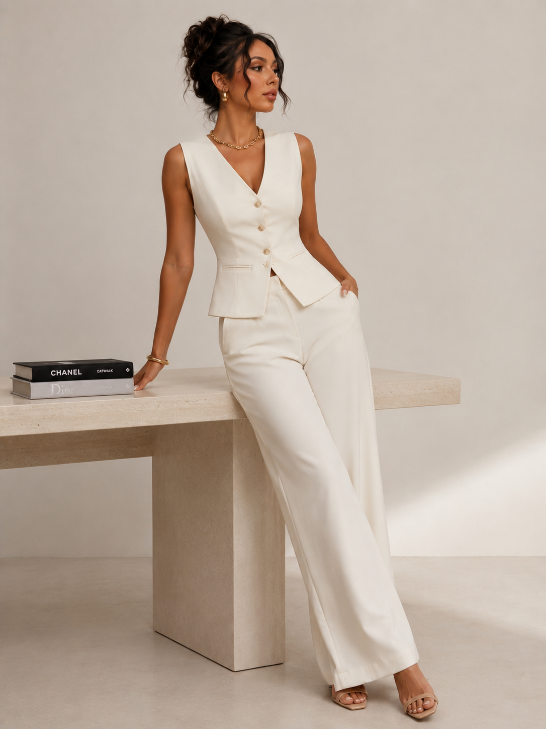 Women's Sleeveless Co Ord Set Minimalist Straight Leg Outfit