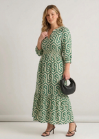 Women's Green Long Sleeve Maxi Dress Smocked Waist Flowing Fit