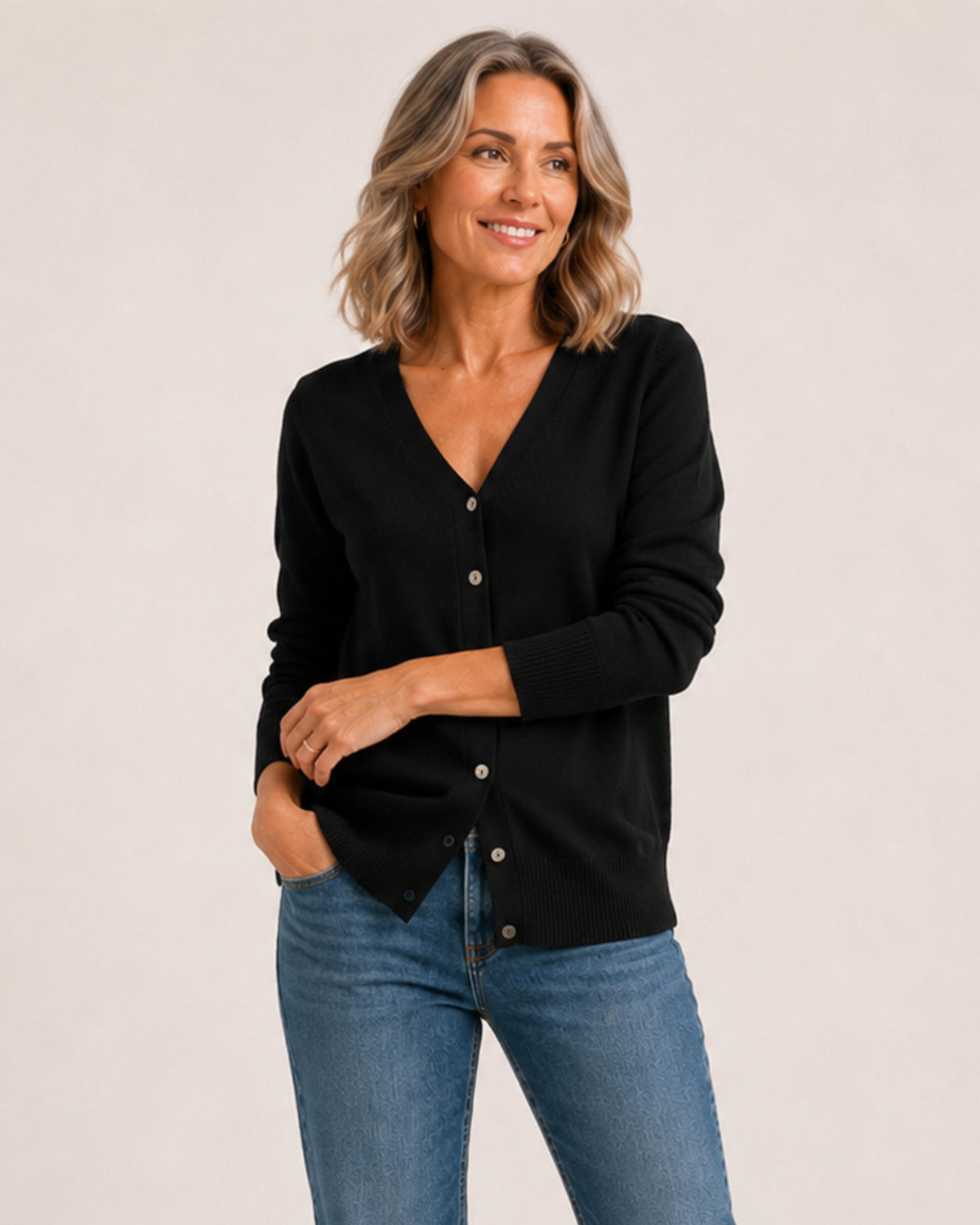 Women's Black V-Neck Button-Up Cardigan